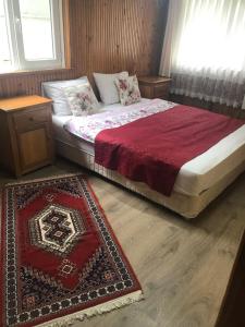 Schlafzimmer mit einem Bett mit einer roten Decke und einem Teppich in der Unterkunft Guesthouse Dolunay in Ayder Yaylasi