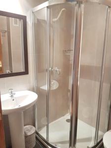 a bathroom with a shower and a sink at 2 bedrooms apartement with shared pool and terrace at Ciruena in Cirueña