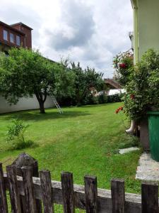 a yard with a wooden fence and a green lawn at Haus Anna in Sankt Peter am Kammersberg