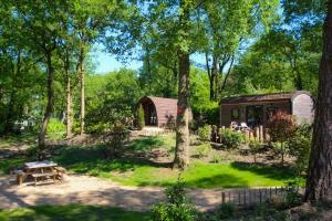 a picnic table and a cabin in the woods at Wood Cabin 2 personen in Baarle-Nassau