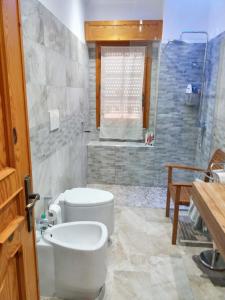 e bagno con servizi igienici, lavandino e doccia. di 2 bedrooms apartement with terrace at Tuglie 8 km away from the beach a Tuglie