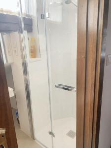 a shower with a glass door in a bathroom at One bedroom apartement with city view furnished terrace and wifi at Granada in Granada