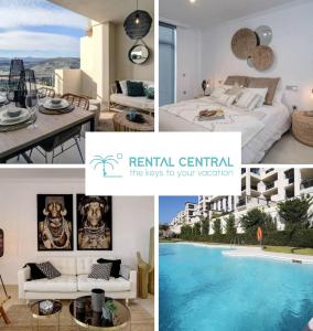 eine Collage mit Fotos eines Hotelzimmers mit Pool in der Unterkunft Boho Style Flat- Acosta in Estepona