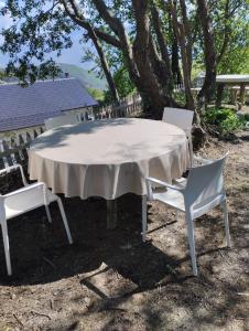 にあるTe Mulliriの白いテーブルと白い椅子2脚と木