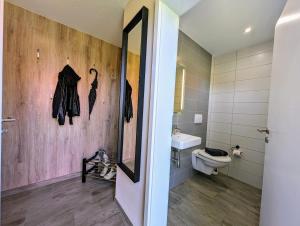 uma casa de banho com um WC, um lavatório e um espelho. em Premiumferienhaus Mara em Hasselfelde