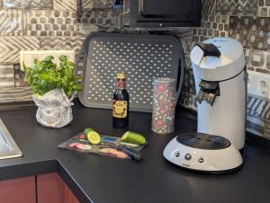 a kitchen counter with a mixer and a bottle of wine at Premiumferienhaus Mara in Hasselfelde