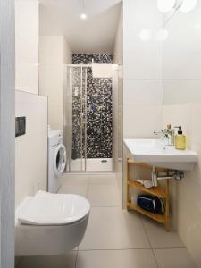 uma casa de banho com um WC, um lavatório e um chuveiro em TurnKey I Downtown Studio em Praga