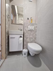 a white bathroom with a toilet and a mirror at Visit Drežnica in Mostar