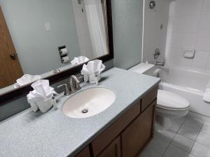 a bathroom with a sink and a toilet and a mirror at Promenade Inn & Suites Oceanfront in Seaside