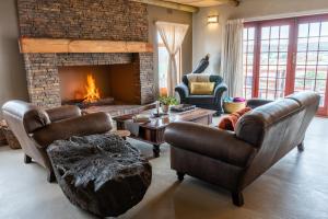 a living room with leather furniture and a fireplace at Nuwefonteinskop Lodge in Kotzesrus