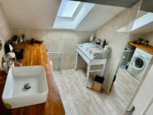 a bathroom with a sink and a washing machine at Le Relais des Ducs : centre historique Dijon in Dijon +32 photos