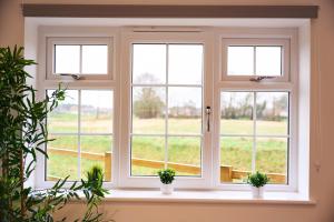 a window with three potted plants on a window sill at Midnight Garden fully furnished apt with parking. in Wisbech Saint Mary