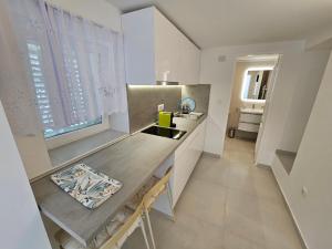 a kitchen with a counter and a sink and a kitchen sidx sidx sidx at Apartman Velopin in Mali Lošinj