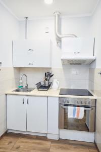 a kitchen with white cabinets and a sink at 29 Avenue Apartments in Kraków