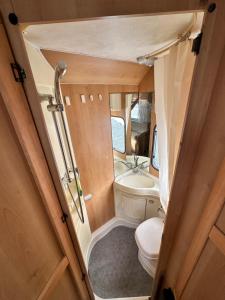 a small bathroom with a toilet and a sink at Комфортный семейный автодом на 5 человек in Tbilisi City +28 photos