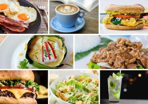 een collage van foto's van verschillende voedingsmiddelen en een kop koffie bij THE PLACE Hostel & Rooftop Bar in Battambang