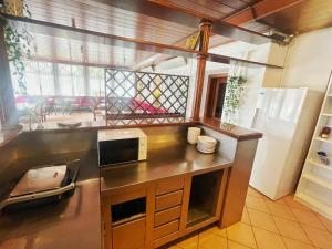 a kitchen with a counter top with a microwave at Youth Hostel Bledec in Bled