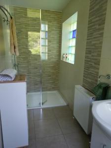 a bathroom with a shower with a glass door at Sanachan in Kishorn