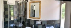 baño con espejo y lavabo en Arbostora Charme Hotel en Morcote
