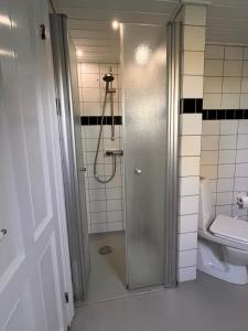 uma casa de banho com um chuveiro e um WC. em Jonas Hus - Munkgaard Bed & Breakfast em Store Heddinge