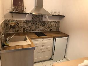 eine Küche mit Spüle und Arbeitsplatte in der Unterkunft Xastero in Keramotí
