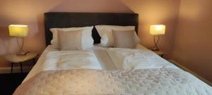 ein großes weißes Bett mit zwei Lampen an zwei Tischen in der Unterkunft Boutique-Hotel Weigels Bergfreiheit in Winterberg