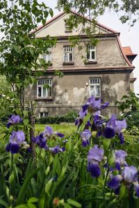 une maison avec des fleurs violettes devant elle dans l'établissement 29 Avenue Apartments, à Cracovie