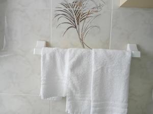 聖洛倫索巴納勒的住宿－Alloggio la Falesia，浴室毛巾架上的白色毛巾