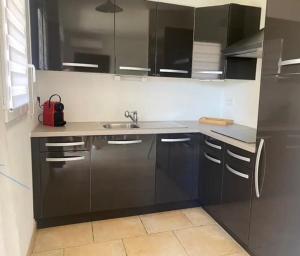 a kitchen with black cabinets and a sink at DOMAINE LOU BEL AZUR - Entre Ciel et Terre in Saint-Laurent-du-Var