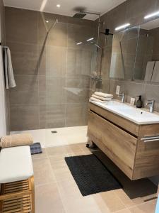 a bathroom with a sink and a shower at Logies La Parmentière in De Panne