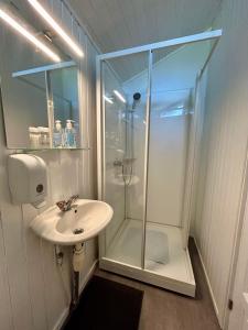 a bathroom with a shower and a sink at Arhus Cottage and Camping in Hella