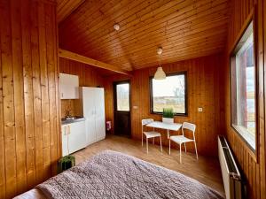 海拉Arhus Cottage and Camping的房间里有一张床和一张桌子的卧室
