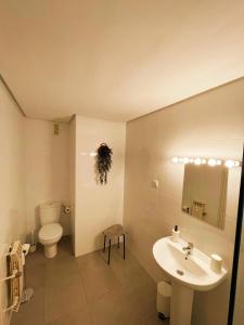 biała łazienka z toaletą i umywalką w obiekcie Pensión las Hojas w mieście Tudela