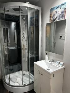 bagno con doccia e lavandino di BCN Condal Hostal a Barcellona