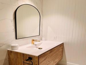 uma casa de banho com um lavatório e um espelho em Pavillon de jardin Neuf Baie de Tadoussac Clim Parking - 2 chambres em Tadoussac