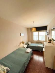 pokój hotelowy z 2 łóżkami i oknem w obiekcie Pensión las Hojas w mieście Tudela