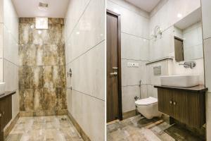 two pictures of a bathroom with a toilet and a sink at FabHotel Vishesh Villas in New Delhi
