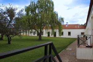 a building with a tree and a grass yard at Casas do Monte in Palmela