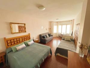 Habitación de hotel con 2 camas y sofá en Pensión las Hojas en Tudela