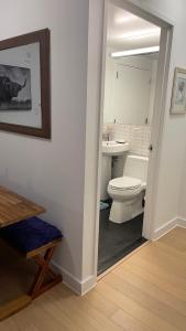 a bathroom with a white toilet and a sink at Unique Place in midtown NYC in New York