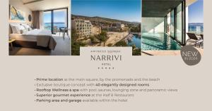 uma colagem de fotografias de um hotel com uma cama e uma piscina em Aminess Younique Narrivi Hotel em Crikvenica