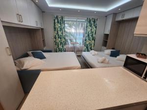 a large room with two beds and a window at Bluemarine, studio vista Mare in Menton