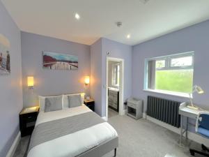 Schlafzimmer mit einem Kingsize-Bett und einem Fenster in der Unterkunft Melbury Rooms & Studios in Exeter