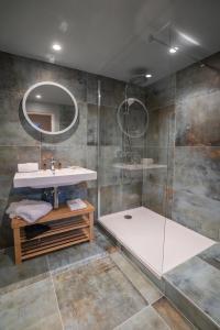 a bathroom with a shower and a sink and a mirror at Hotel Le Bois Joli in Bernex