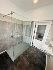 een badkamer met een glazen douche en een wastafel bij Pension Die Schlafstube in Neuharlingersiel