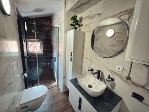 a bathroom with a sink and a toilet and a mirror at Knežević Apartments in Crikvenica