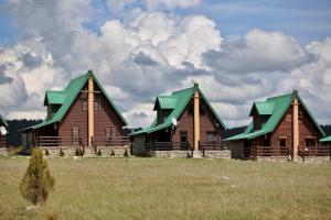 dos edificios de madera con techos verdes en un campo en Mountain view Lodges, en Žabljak