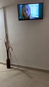 uma televisão de ecrã plano numa parede com um vaso em GMP suites em San Miguel de Tucumán