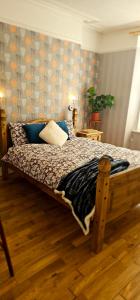 a bedroom with a large bed with blue pillows at Home away from home in Aberdeen