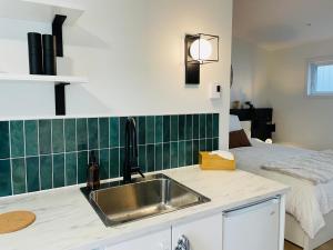 una cocina con fregadero junto a una cama en Pavillon Neuf Baie de Tadoussac Clim Parking - 1 chambre en Tadoussac